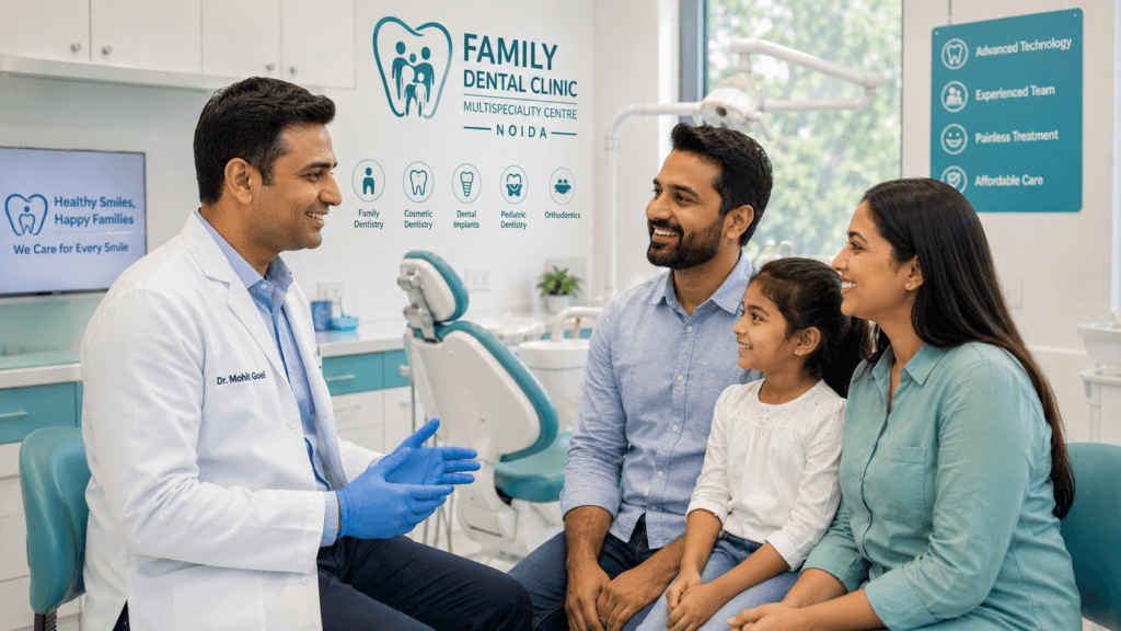 Dr. Mohit Goel with a happy family at Family Dental Clinic Multispeciality Centre in Sector 70 Noida — best dentist for painless dentistry serving Sector 70, 71, 72, 73, 74, 75, 76, 120 and 121