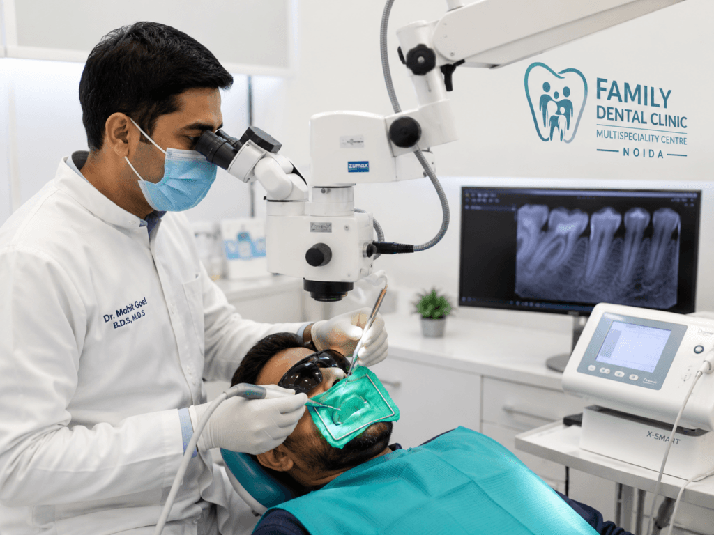 Painless root canal treatment being performed by Dr. Mohit Goel at Family Dental Clinic in Sector 70 Noida — advanced rotary endodontics for comfortable RCT serving Sector 71, 72, 73, 74, 75, 76, 120 and 121