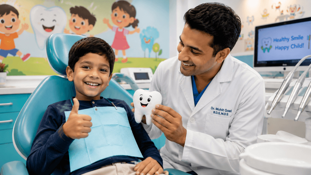 Happy child receiving gentle pediatric dentistry care at Family Dental Clinic in Sector 70 Noida — kids dentistry by Dr. Mohit Goel serving families from Sector 71, 72, 73, 74, 75, 76, 120 and 121