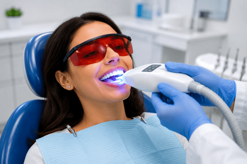Dentist performing professional teeth whitening treatment using advanced whitening technology in Noida.