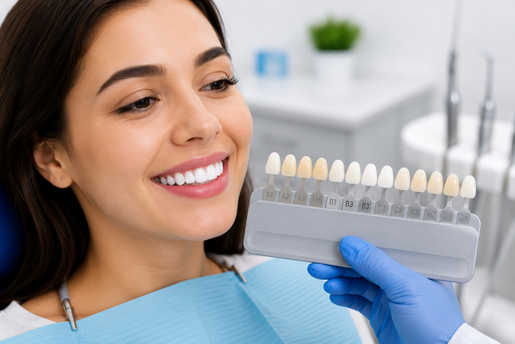 Dentist using a tooth shade guide before professional teeth whitening treatment in Noida.
