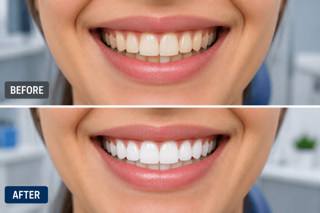 Before and after results of professional teeth whitening treatment showing a brighter smile.
