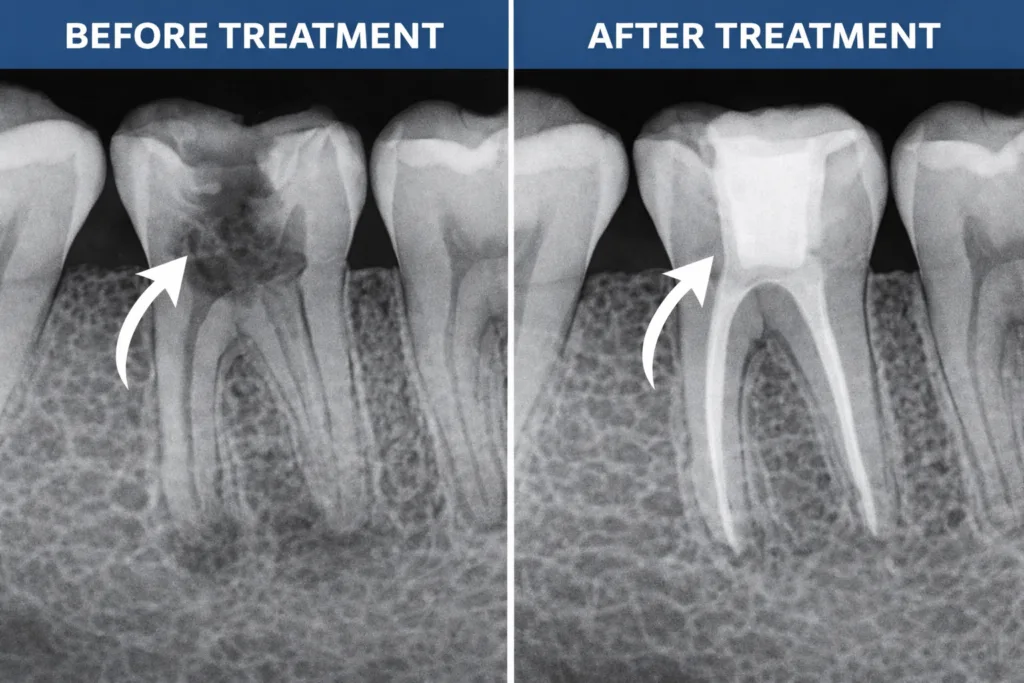 Before and after root canal treatment with restoration at Family Dental Clinic Sector 70 Noida
