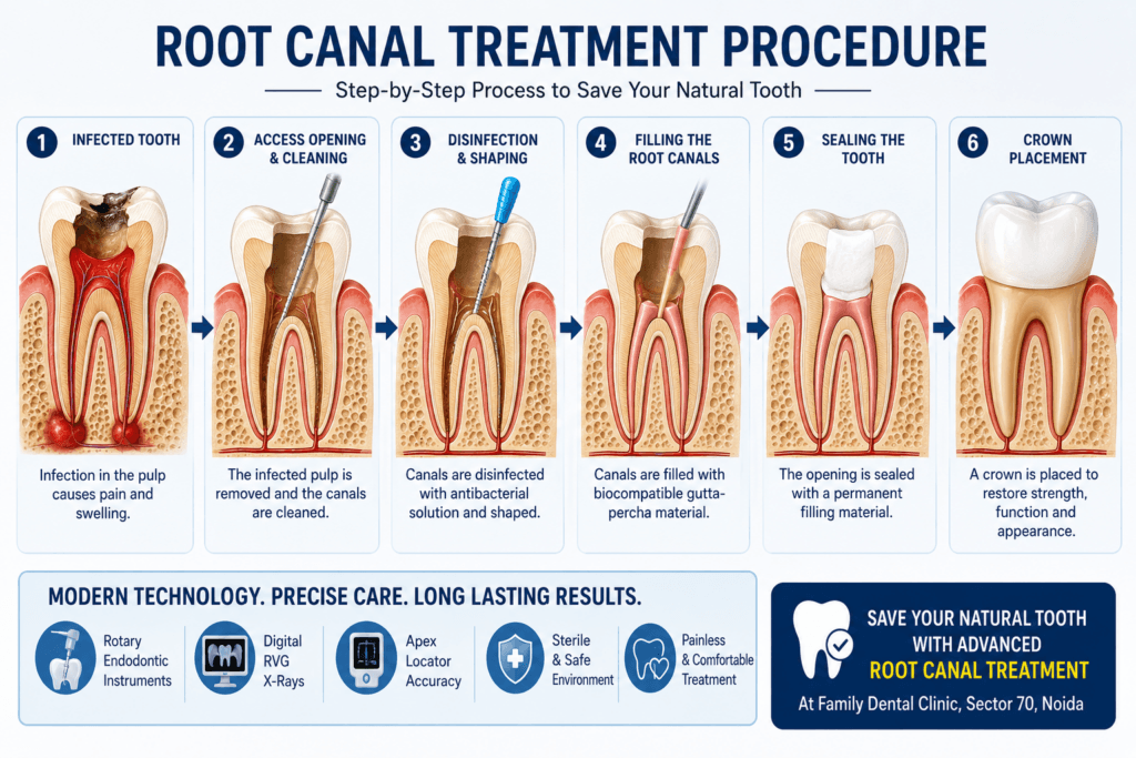 Step-by-step root canal treatment procedure showing cleaning, disinfection, filling and crown placement at Family Dental Clinic Sector 70 Noida